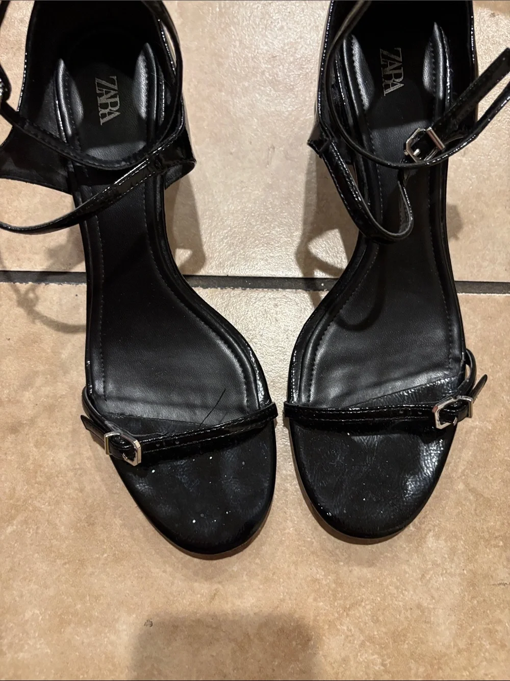 Zara Black Patent Leather Ankle Buckle Heeled Sandals - Picture 3 of 6